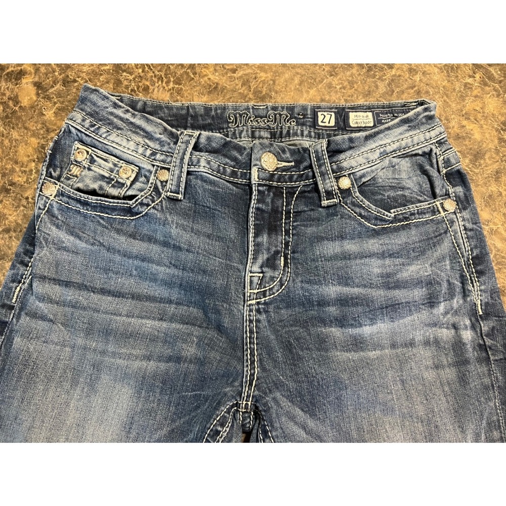 Miss Me Mid Rise Curvy Bootcut Jeans Blue Medium Embroidered Size 27 Y2K Western - Picture 10 of 10